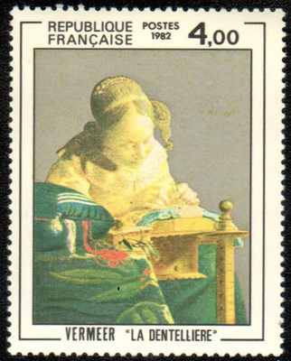 VAR2231, Philatélie 50, Timbre de France 1982, Variété visage jaune vif, Vermeer, La Dentelière