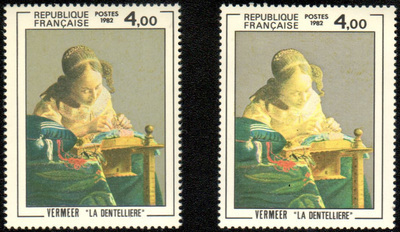 VAR2231, Philatélie 50, Timbre de France 1982, Variété visage jaune vif, Vermeer, La Dentelière