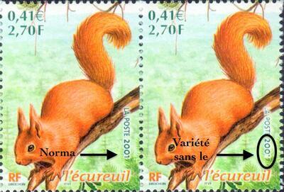 VAR3381a, philatélie 50, Timbre de France variété écureuil, 200 tenant à 2001