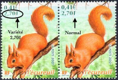 VAR3381b, philatélie 50, Timbre de France variété écureuil, 2,70I tenant à 2,70F