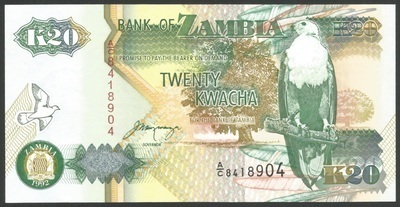 ZAMPK36b-1 - Philatelie 50 - Billet de Zambie de 20 Kwacha N° Pick 36b